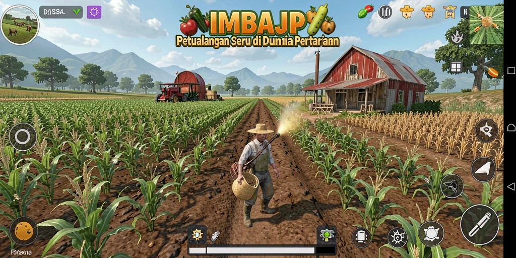Tampilan gameplay IMBAJP dengan aktivitas pertanian yang seru.