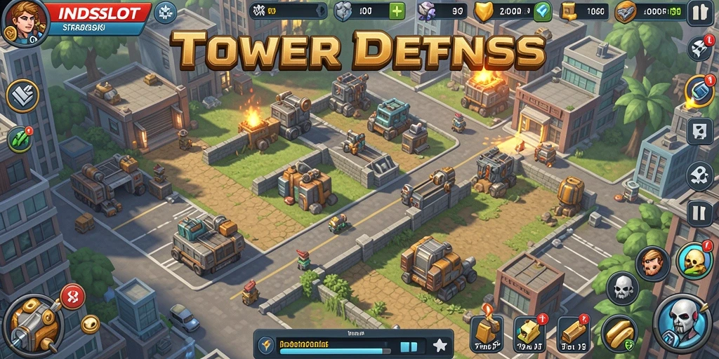 Screenshot INDSLOT menampilkan aksi strategis Tower Defense yang mendebarkan.