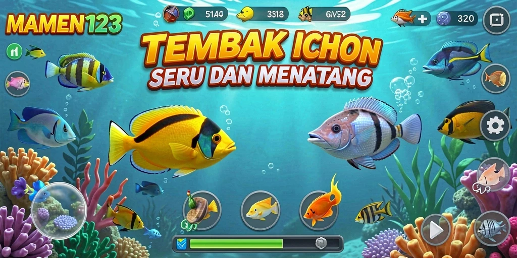 Tangkapan layar gameplay MAMEN123 yang penuh aksi menembak ikan.