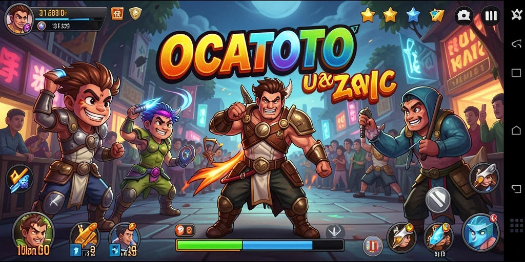 Screenshot OCATOTO menampilkan pertarungan karakter dengan aksi yang seru dan dinamis.