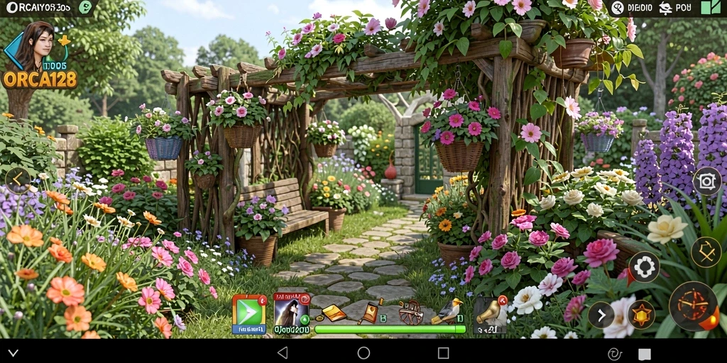 Tangkapan layar gameplay ORCA128 menampilkan aktivitas berkebun yang seru.