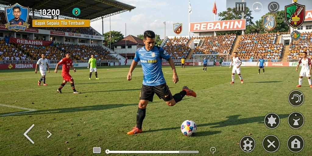 Screenshot gameplay REBAHIN dengan aksi pertandingan sepak bola yang seru.