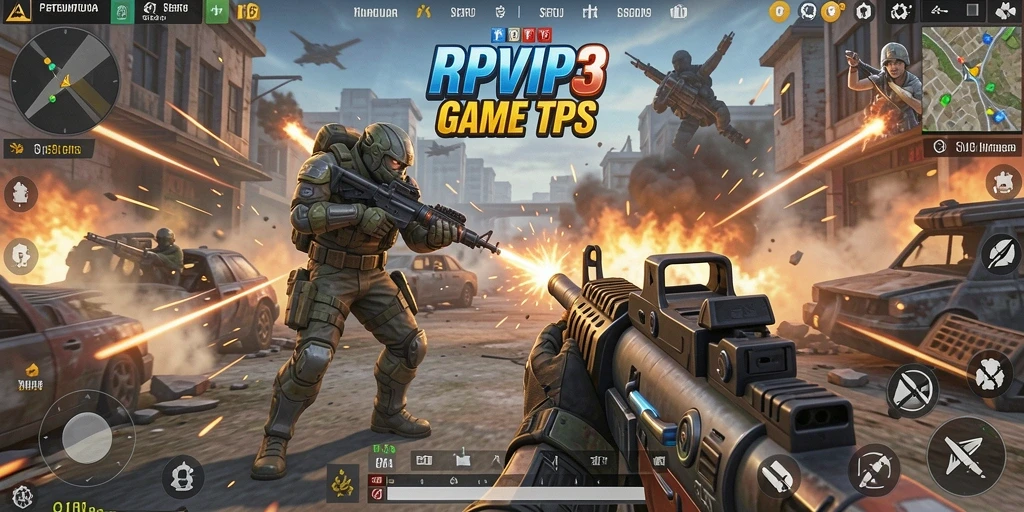 Screenshot gameplay RPVIP3 menampilkan aksi seru dalam pertempuran TPS.