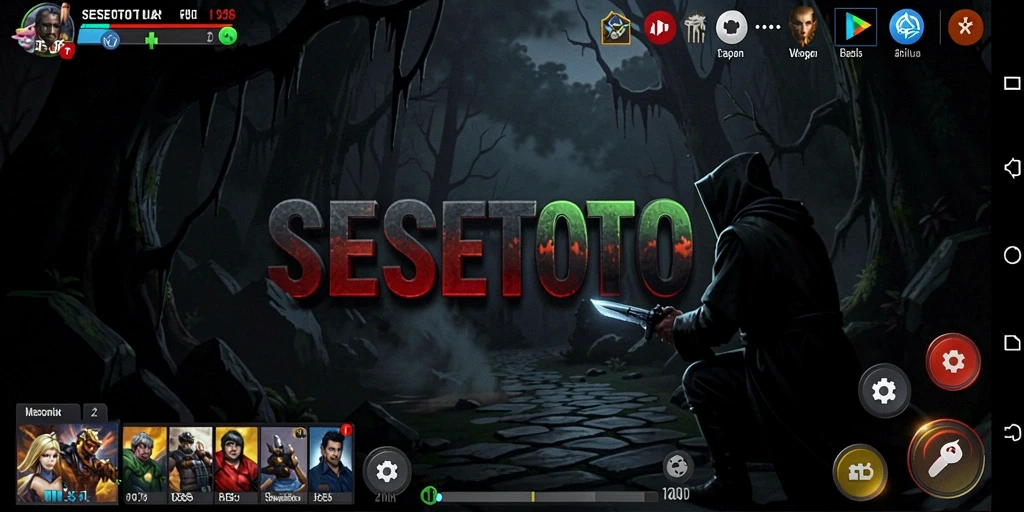 Screenshot utama SESETOTO menampilkan aksi mendebarkan di lingkungan yang gelap.