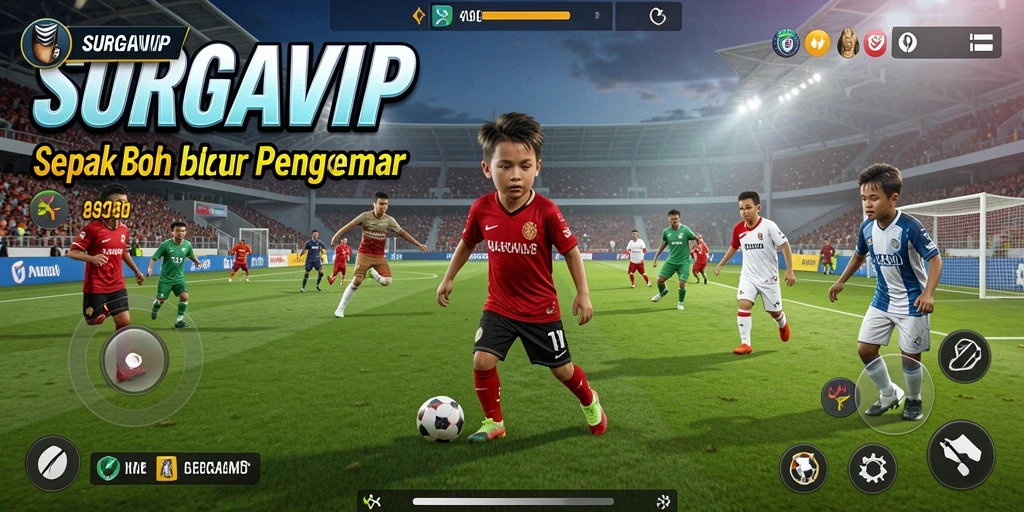 Screenshot game SURGAVIP menampilkan aksi sepak bola yang intens dan menarik.