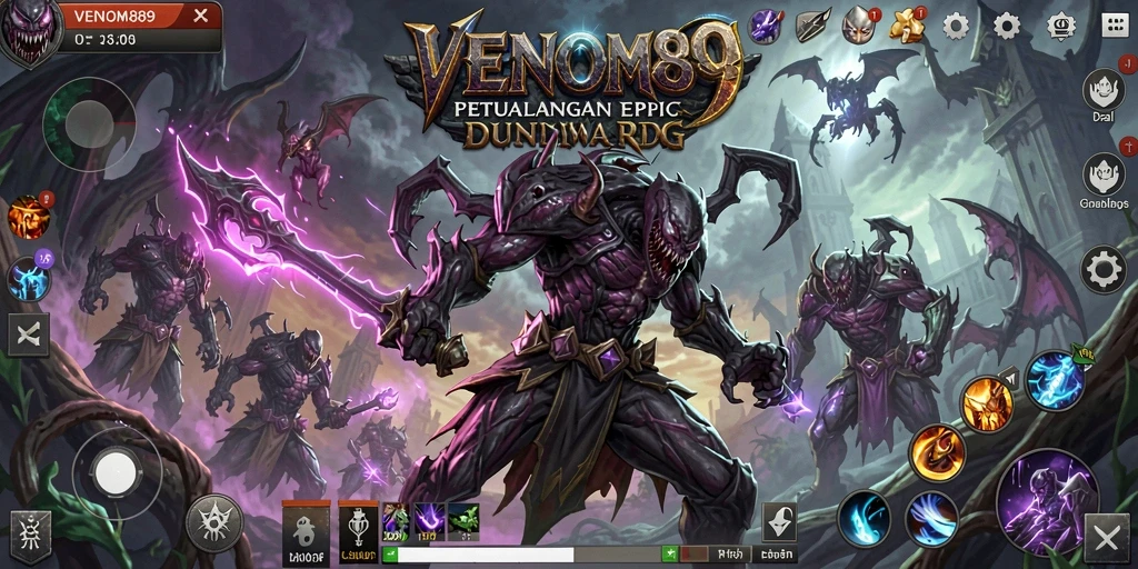 Tangkapan layar utama gameplay <strong>VENOM889</strong> menunjukkan aksi seru dan karakter yang menakjubkan.