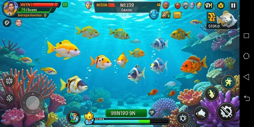 Tampilan gameplay seru di WIN199 dengan ikan berwarna-warni.